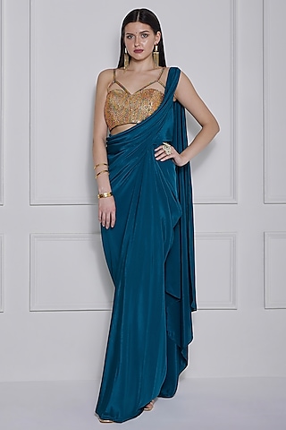 Teal Blue Crepe Draped Gown Saree Set by Naina Seth