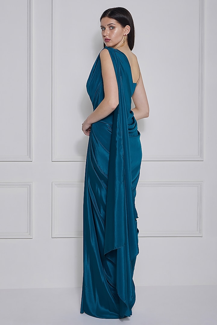 Teal Blue Crepe Draped Party Wear Gown Saree Set by Naina Seth at Pernia's Pop Up Shop