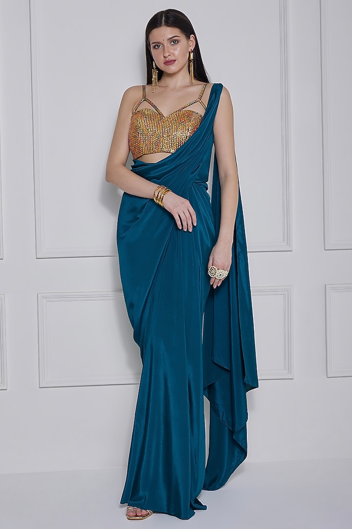 Teal Blue Crepe Draped Party Wear Gown Saree Set by Naina Seth at Pernia's Pop Up Shop