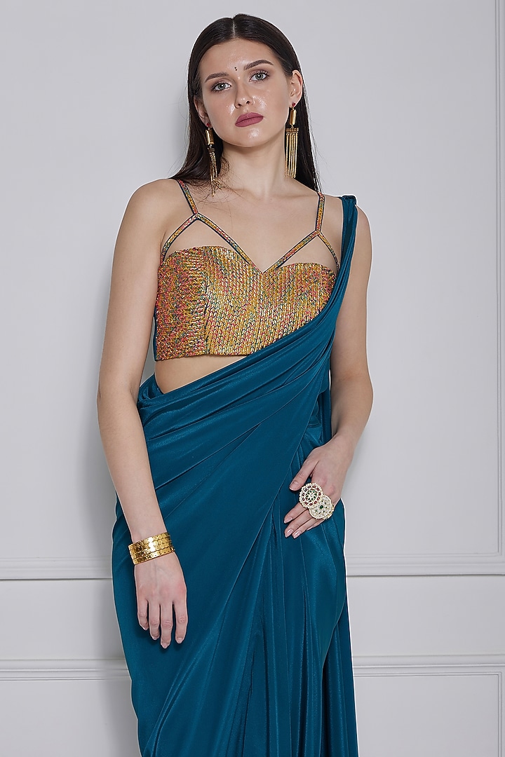 Teal Blue Crepe Draped Party Wear Gown Saree Set by Naina Seth at Pernia's Pop Up Shop