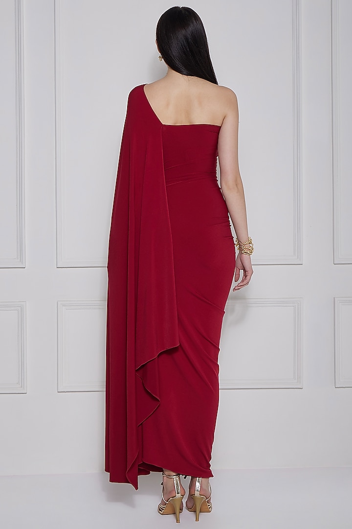 Maroon Stretch Knit Gota-Patti Work One-Shoulder Party Wear Gown by Naina Seth at Pernia's Pop Up Shop