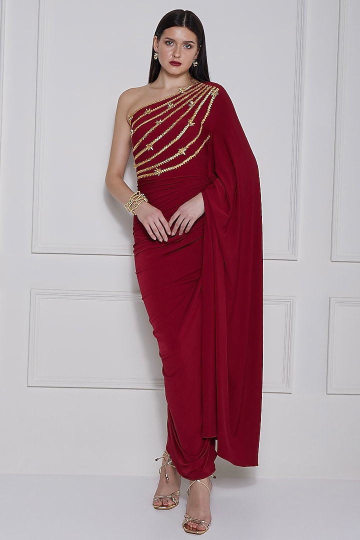 Maroon Stretch Knit Gota-Patti Work One-Shoulder Party Wear Gown by Naina Seth at Pernia's Pop Up Shop