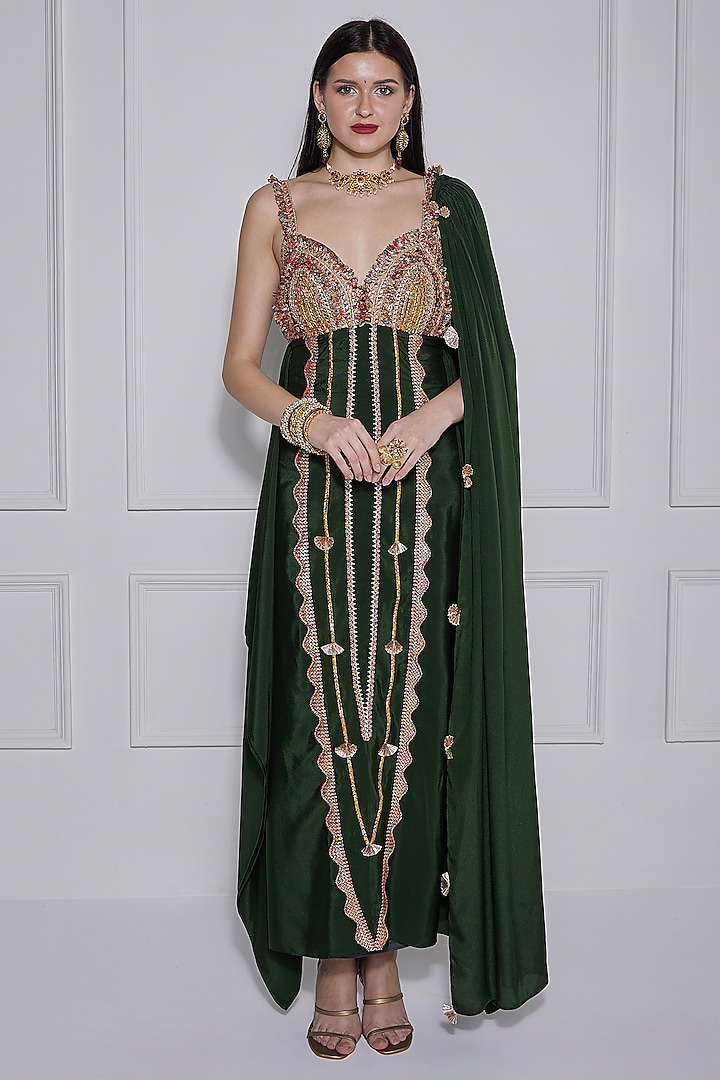 Mehndi Green Crepe Gota Work Gown by Naina Seth at Pernia's Pop Up Shop