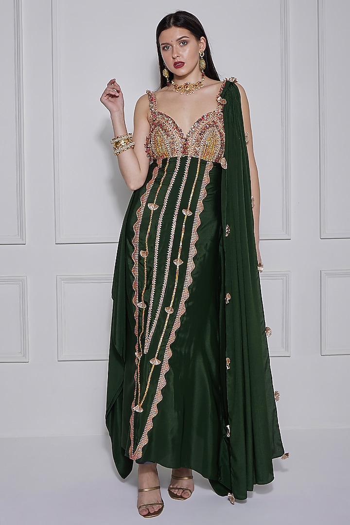 (送料込)PERVERZE  Strap Mohair Gown / Green Bottle Green Georgette Hand Embroidered One-Shoulder Gown by