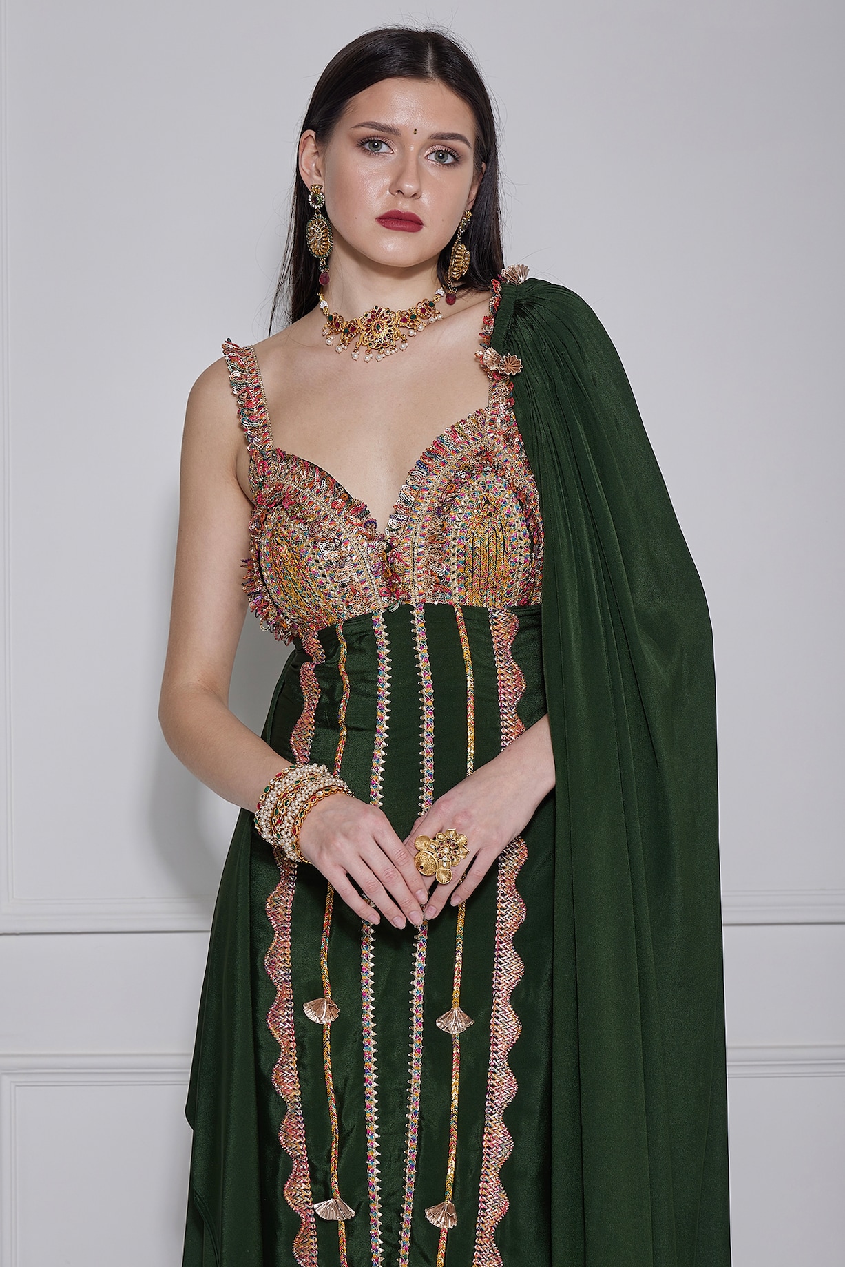 Mehndi Green Crepe Gota Work Gown by Naina Seth at Pernia's Pop Up Shop 2026