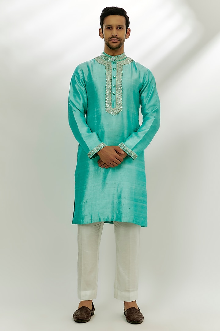 Cyan Blue Raw Silk Sequins & Zardosi Hand Embroidered Kurta by Nadima Saqib Men