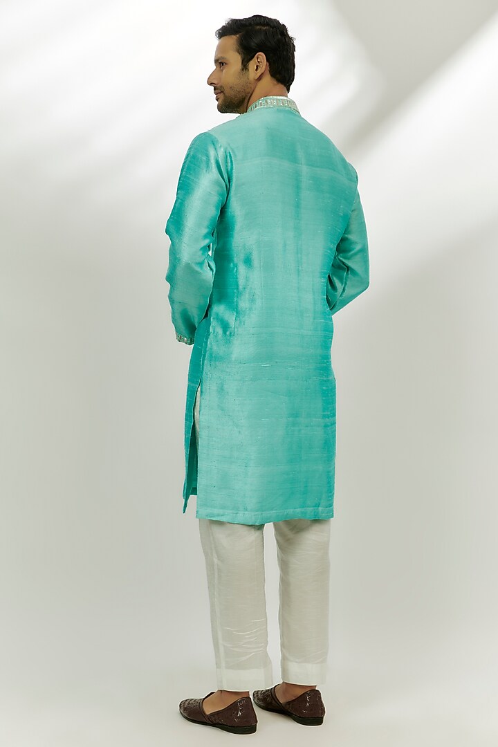 Cyan Blue Raw Silk Sequins & Zardosi Hand Embroidered Kurta by Nadima Saqib Men at Pernia's Pop Up Shop