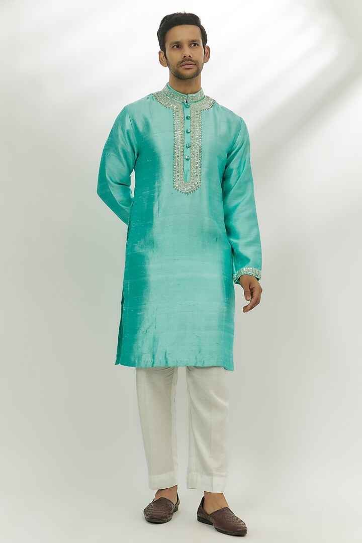 Cyan Blue Raw Silk Sequins & Zardosi Hand Embroidered Kurta by Nadima Saqib Men at Pernia's Pop Up Shop