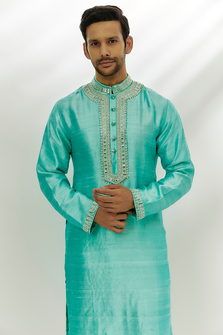 Cyan Blue Raw Silk Sequins & Zardosi Hand Embroidered Kurta by Nadima Saqib Men at Pernia's Pop Up Shop