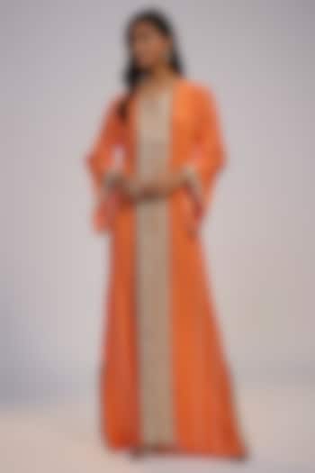 Orange Crepe Printed & Sequins Embroidered Kaftan Vacation Dress by Nadima Saqib at Pernia's Pop Up Shop