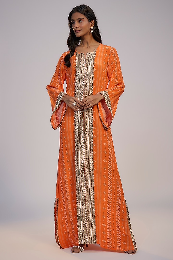 Orange Crepe Printed & Sequins Embroidered Kaftan Vacation Dress by Nadima Saqib at Pernia's Pop Up Shop