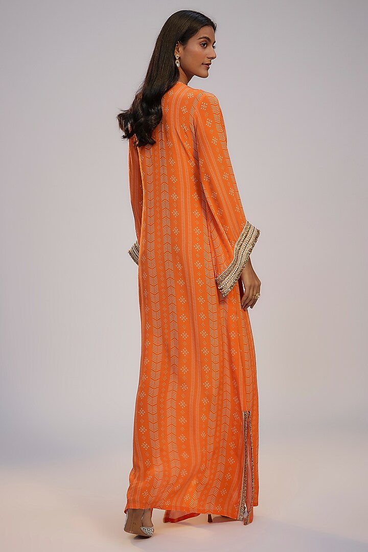 Orange Crepe Printed & Sequins Embroidered Kaftan Vacation Dress by Nadima Saqib at Pernia's Pop Up Shop
