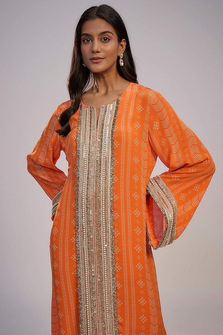 Orange Crepe Printed & Sequins Embroidered Kaftan Vacation Dress by Nadima Saqib at Pernia's Pop Up Shop