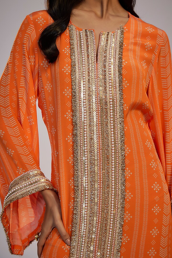 Orange Crepe Printed & Sequins Embroidered Kaftan Vacation Dress by Nadima Saqib at Pernia's Pop Up Shop