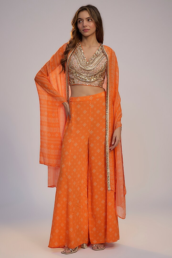 Orange Georgette Printed & Sequins Embroidered Cape Set by Nadima Saqib at Pernia's Pop Up Shop