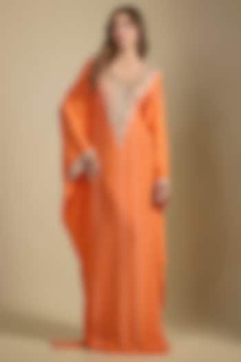 Orange Crepe Printed & Sequins Embroidered Kaftan Vacation Dress by Nadima Saqib at Pernia's Pop Up Shop