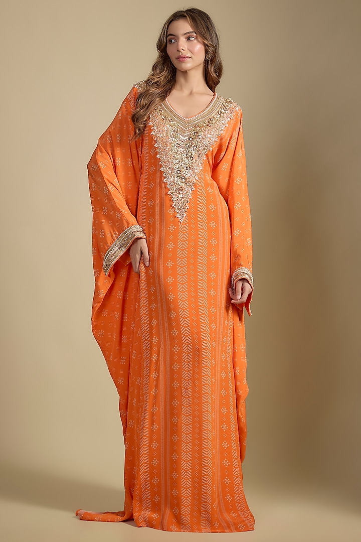 Orange Crepe Printed & Sequins Embroidered Kaftan Vacation Dress by Nadima Saqib at Pernia's Pop Up Shop