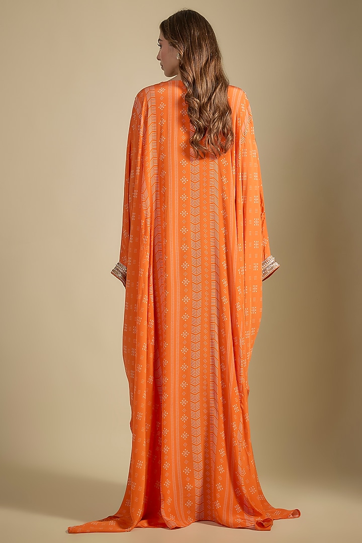 Orange Crepe Printed & Sequins Embroidered Kaftan Vacation Dress by Nadima Saqib at Pernia's Pop Up Shop