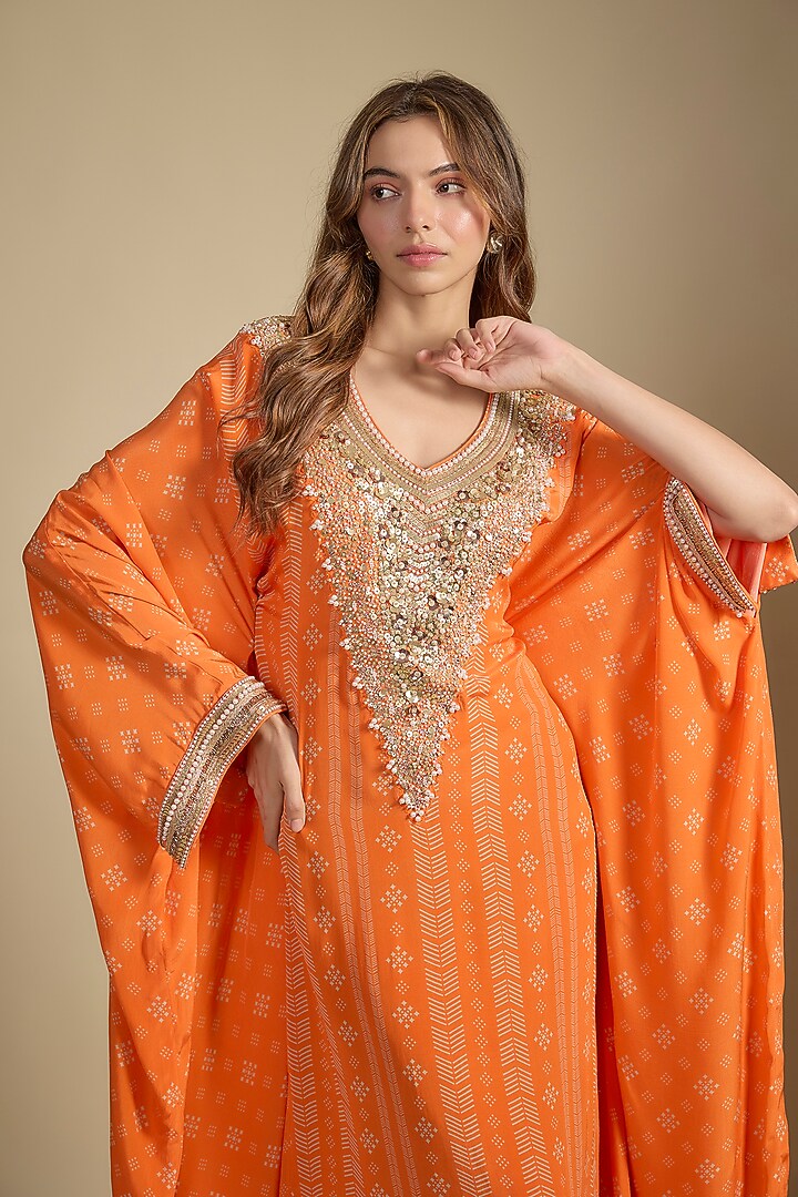 Orange Crepe Printed & Sequins Embroidered Kaftan Vacation Dress by Nadima Saqib at Pernia's Pop Up Shop