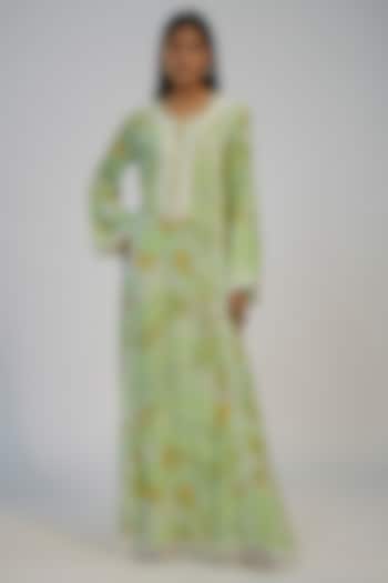 Lime Green Crepe Printed & Sequins Embroidered Kaftan Vacation Dress by Nadima Saqib at Pernia's Pop Up Shop