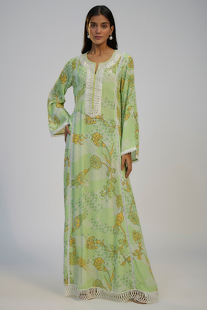 Lime Green Crepe Printed & Sequins Embroidered Kaftan Vacation Dress by Nadima Saqib at Pernia's Pop Up Shop