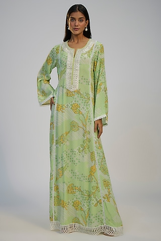 Lime Green Crepe Printed & Sequins Embroidered Kaftan Dress by Nadima Saqib