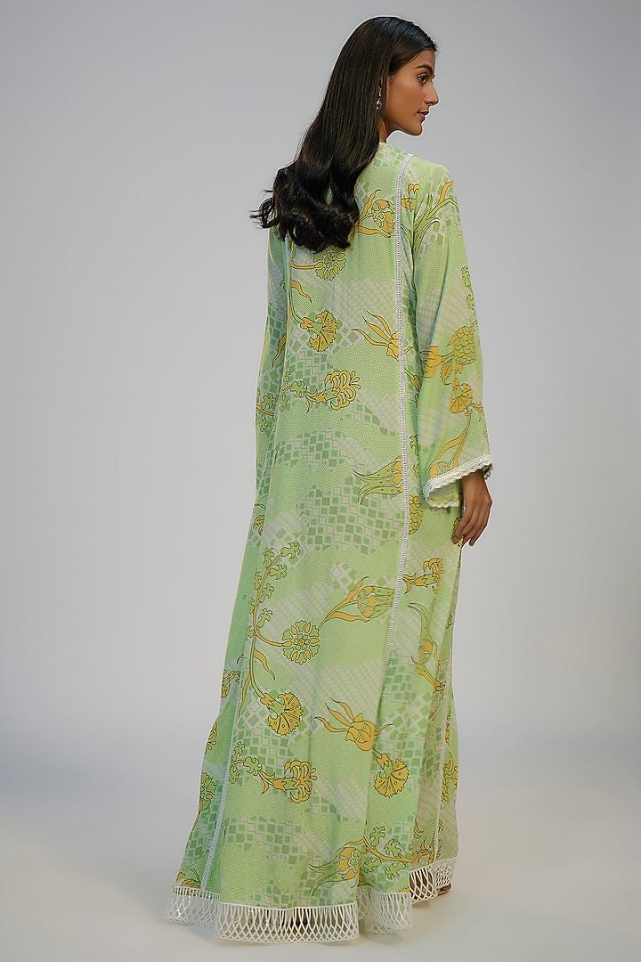 Lime Green Crepe Printed & Sequins Embroidered Kaftan Vacation Dress by Nadima Saqib at Pernia's Pop Up Shop