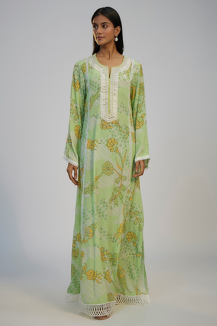 Lime Green Crepe Printed & Sequins Embroidered Kaftan Vacation Dress by Nadima Saqib at Pernia's Pop Up Shop