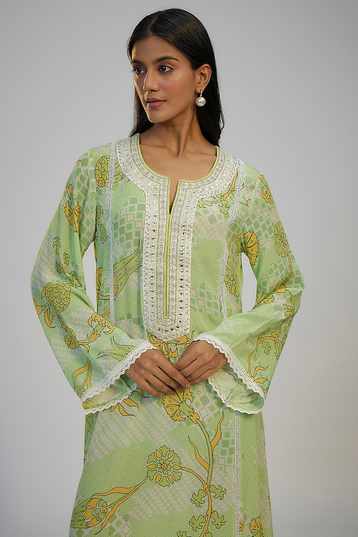 Lime Green Crepe Printed & Sequins Embroidered Kaftan Vacation Dress by Nadima Saqib at Pernia's Pop Up Shop