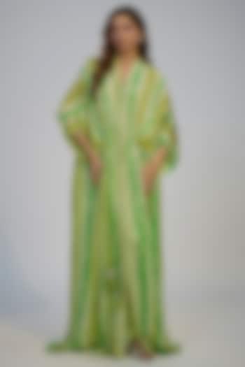 Lime Green Cotton Crush Printed & Sequins Embroidered Kaftan Set by Nadima Saqib at Pernia's Pop Up Shop