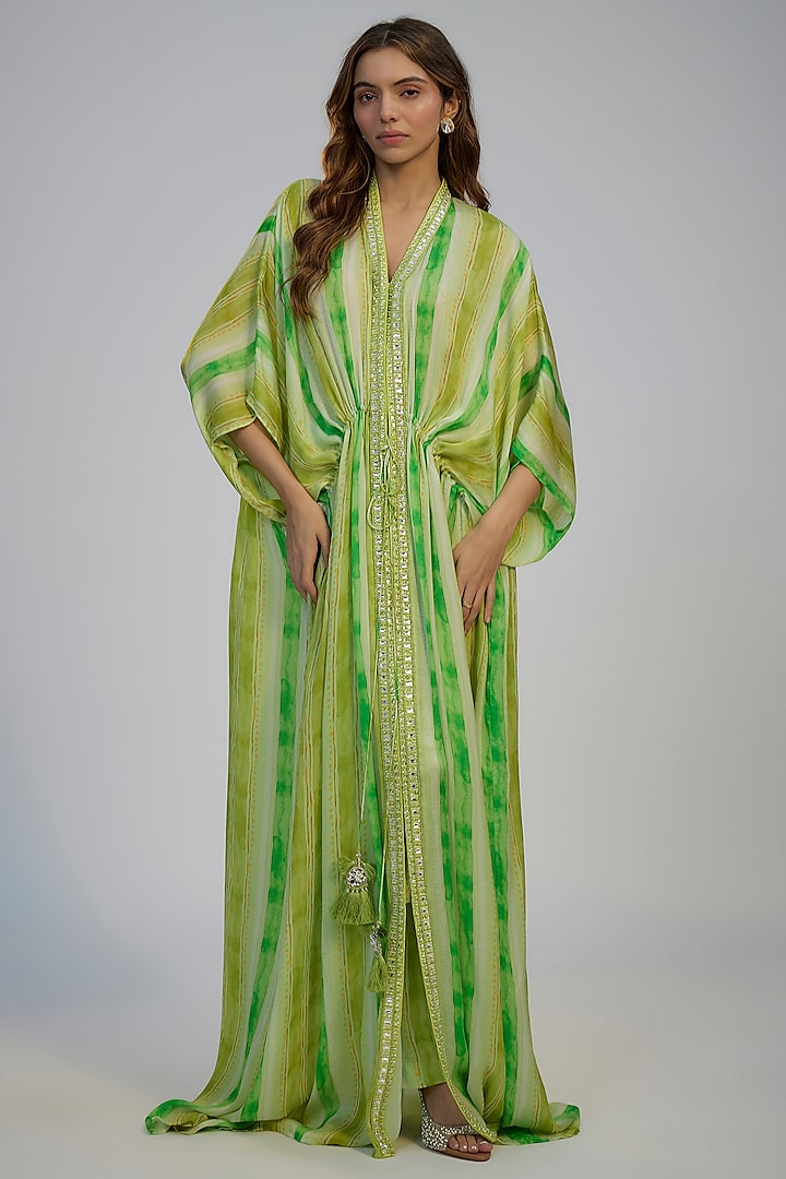 Lime Green Cotton Crush Printed & Sequins Embroidered Kaftan Set by Nadima Saqib at Pernia's Pop Up Shop