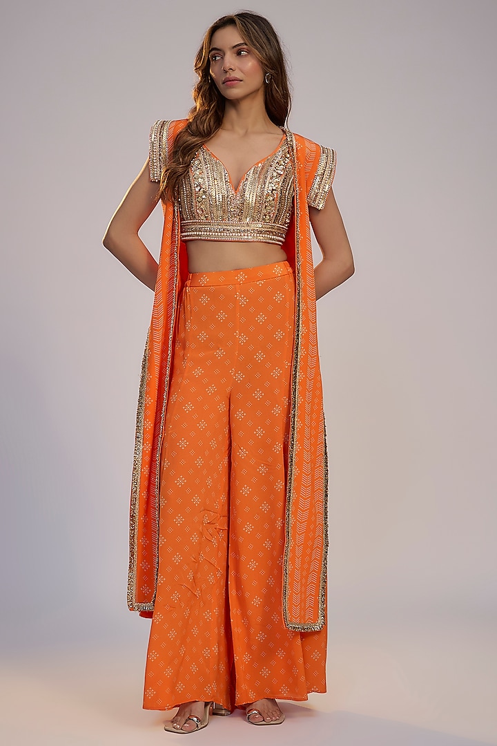 Orange Georgette Printed & Sequins Embroidered Jacket Set by Nadima Saqib at Pernia's Pop Up Shop