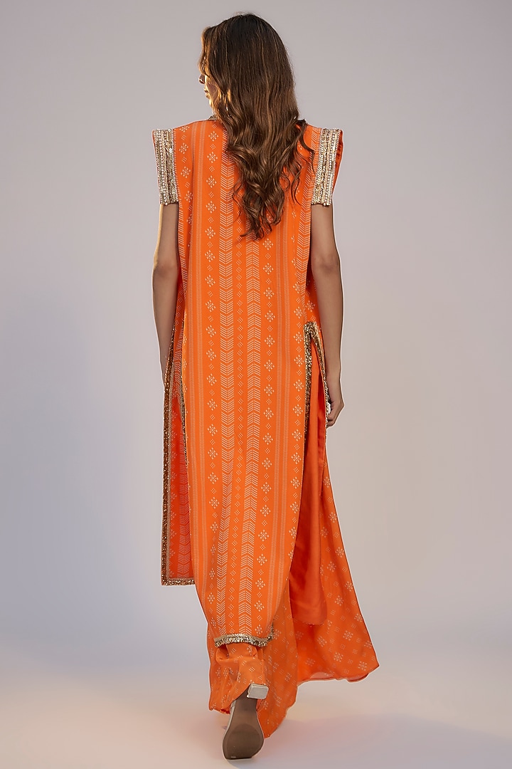 Orange Georgette Printed & Sequins Embroidered Jacket Set by Nadima Saqib at Pernia's Pop Up Shop