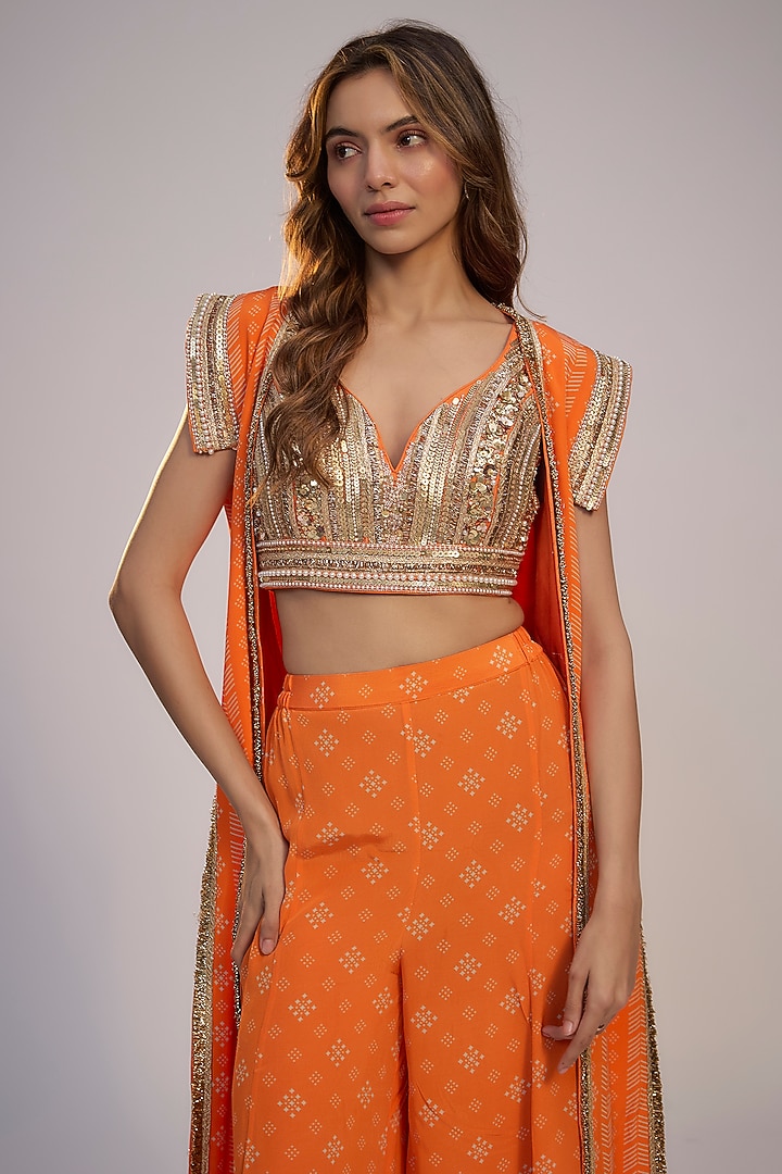 Orange Georgette Printed & Sequins Embroidered Jacket Set by Nadima Saqib at Pernia's Pop Up Shop
