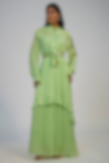 Lime Green Cotton Crush Printed Ruffled Cocktail Dress by Nadima Saqib at Pernia's Pop Up Shop