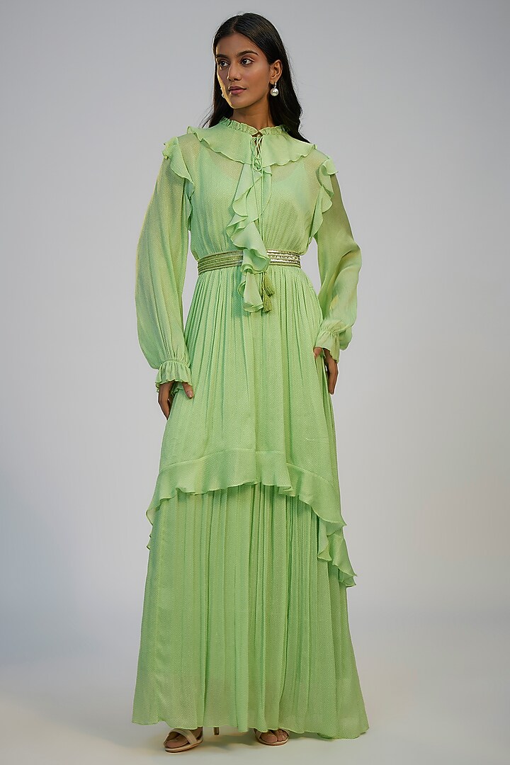 Lime Green Cotton Crush Printed Ruffled Cocktail Dress by Nadima Saqib at Pernia's Pop Up Shop