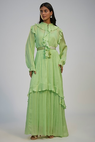 Lime Green Cotton Crush Printed Ruffled Dress by Nadima Saqib