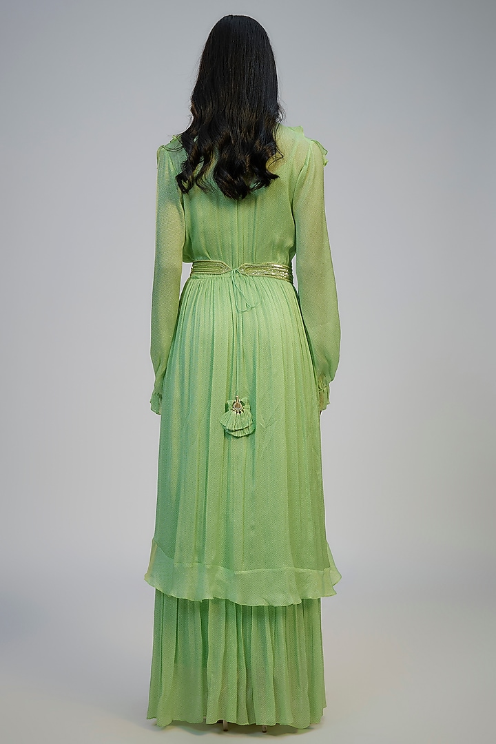 Lime Green Cotton Crush Printed Ruffled Cocktail Dress by Nadima Saqib at Pernia's Pop Up Shop