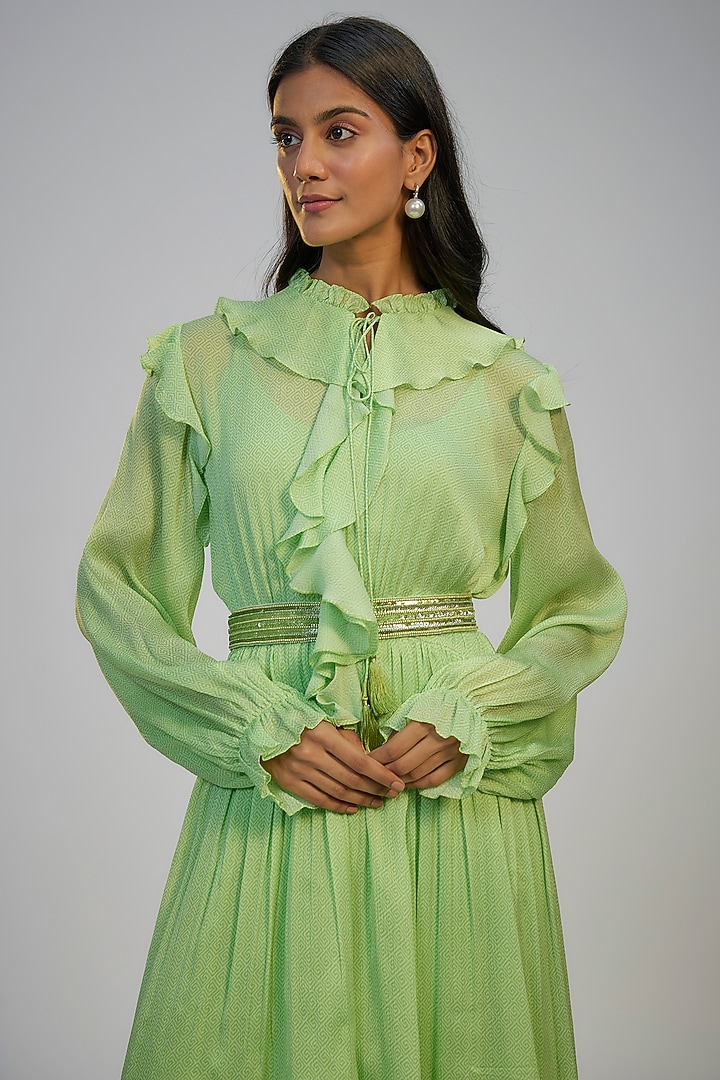 Lime Green Cotton Crush Printed Ruffled Cocktail Dress by Nadima Saqib at Pernia's Pop Up Shop
