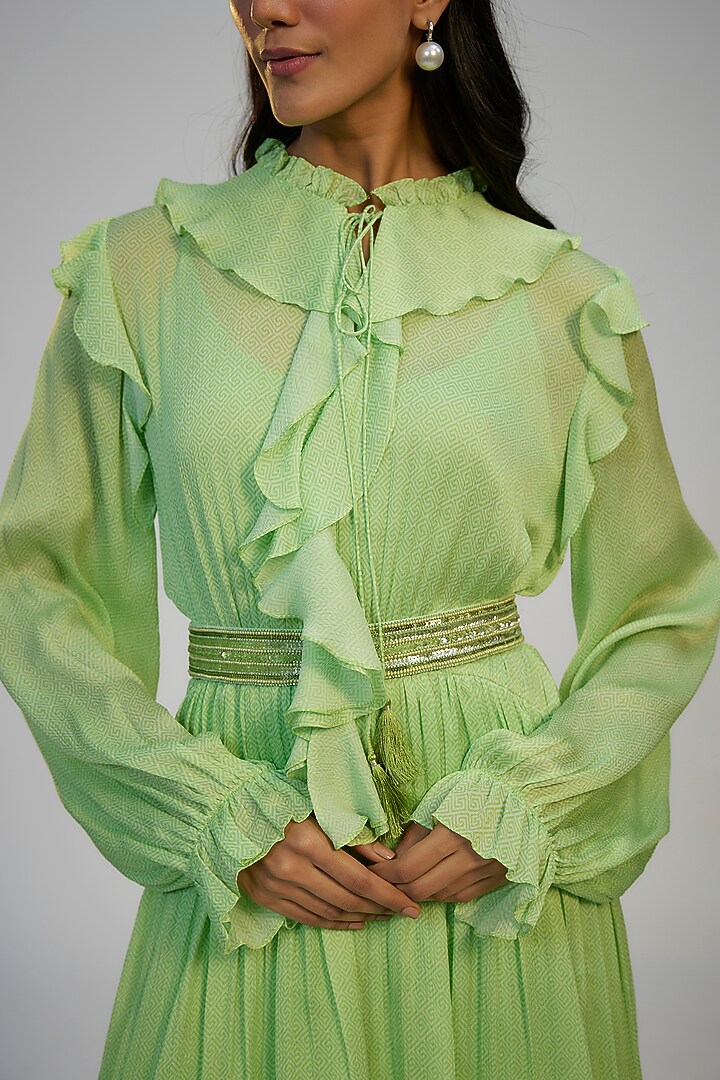 Lime Green Cotton Crush Printed Ruffled Cocktail Dress by Nadima Saqib at Pernia's Pop Up Shop