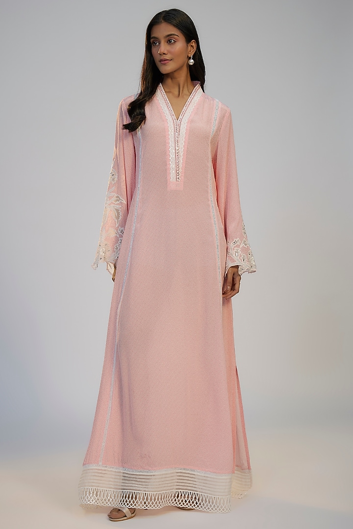 Pastel Pink Crepe Printed & Cutwork Embroidered Kaftan Vacation Dress by Nadima Saqib at Pernia's Pop Up Shop