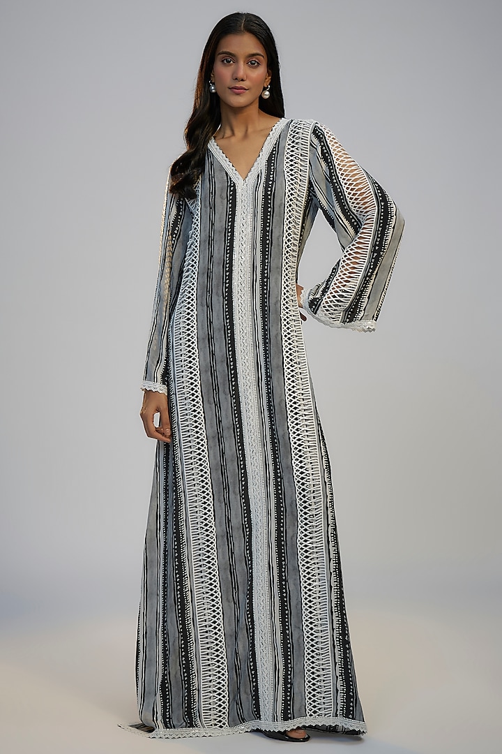 Black Crepe Printed Kaftan Vacation Dress by Nadima Saqib at Pernia's Pop Up Shop