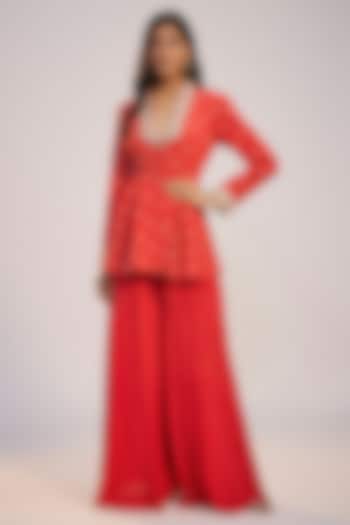 Red Crepe Wedding Sharara Set by Nadima Saqib at Pernia's Pop Up Shop