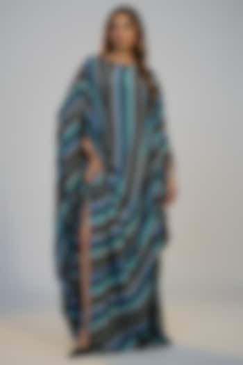 Black Crepe Striped Printed & Sequins Embroidered Kaftan Vacation Dress by Nadima Saqib at Pernia's Pop Up Shop