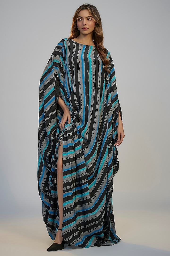 Black Crepe Striped Printed & Sequins Embroidered Kaftan Vacation Dress by Nadima Saqib at Pernia's Pop Up Shop