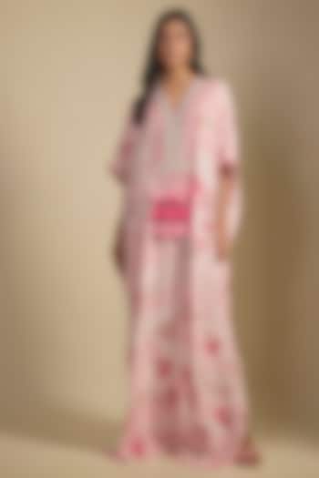 Pastel Pink Crepe Printed & Mirror Embroidered Kaftan Vacation Dress by Nadima Saqib at Pernia's Pop Up Shop