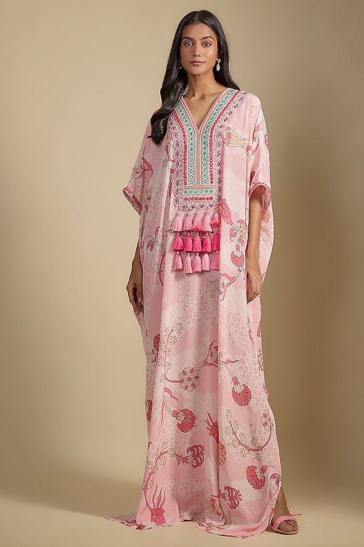 Pastel Pink Crepe Printed & Mirror Embroidered Kaftan Vacation Dress by Nadima Saqib at Pernia's Pop Up Shop
