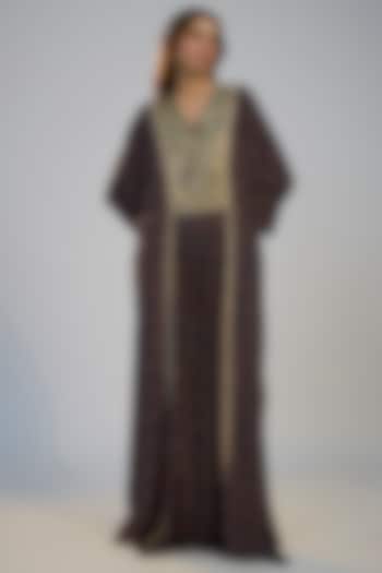 Dark Blue Crepe Printed & Sequins Embroidered Kaftan Vacation Dress by Nadima Saqib at Pernia's Pop Up Shop