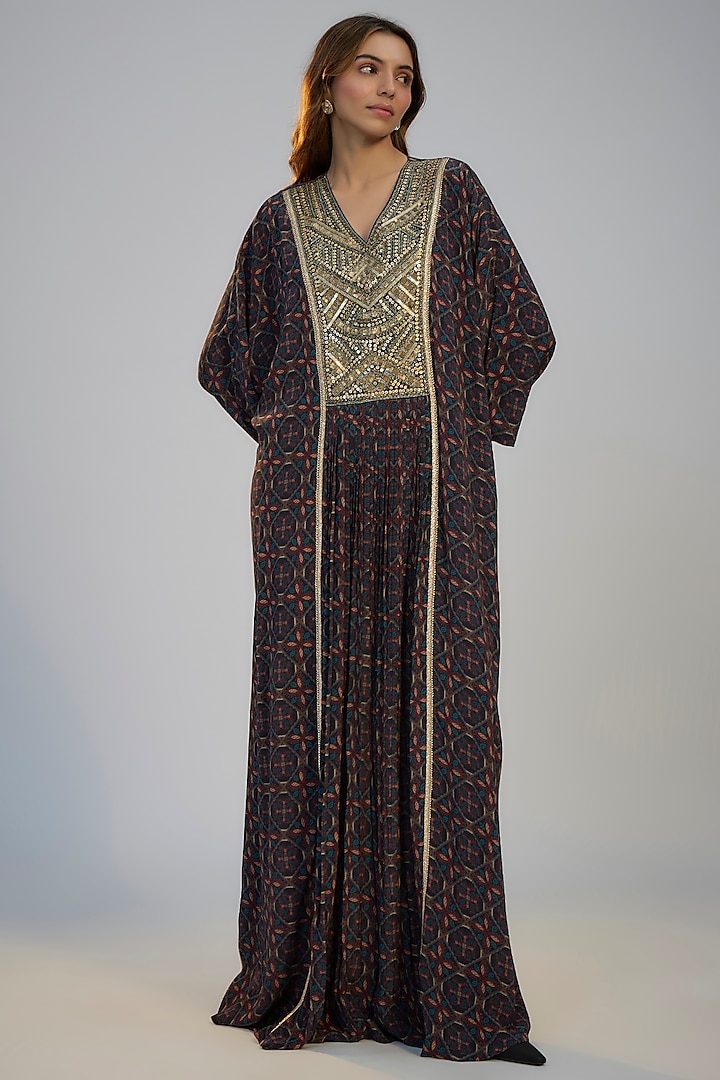 Dark Blue Crepe Printed & Sequins Embroidered Kaftan Vacation Dress by Nadima Saqib at Pernia's Pop Up Shop