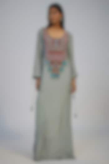 Black Crepe Printed & Mirror Embroidered Kaftan Vacation Dress by Nadima Saqib at Pernia's Pop Up Shop